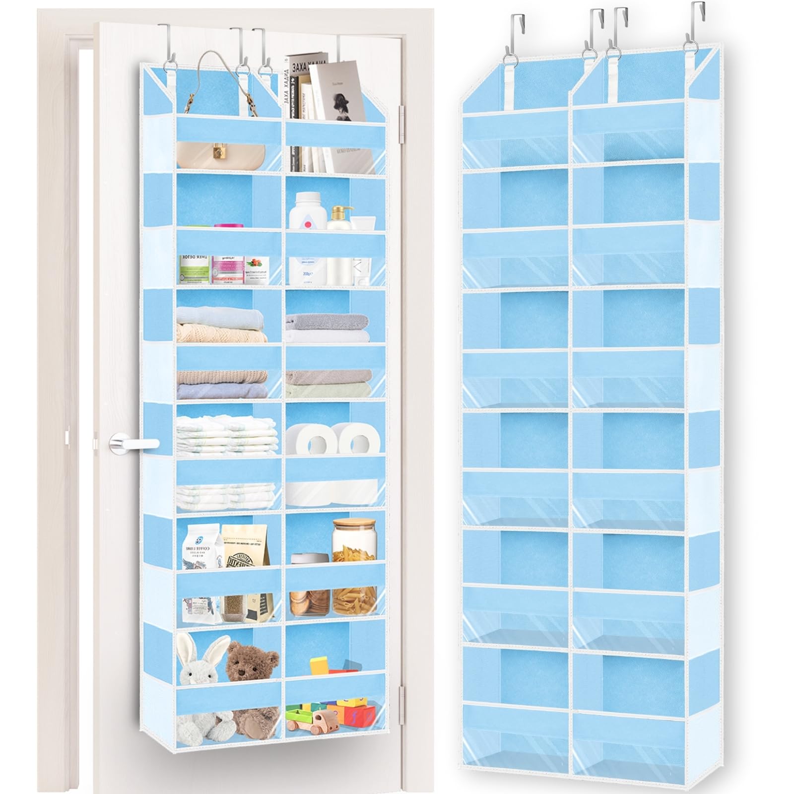 Over The Door Organizer 6 Tiers, Extra Large Behind Door Storage of 12 Compartments, 80 lbs Weight Capacity Hanging Storage Organizer with Clear Window Kids Toys,Shoes,Diapers,Room Storage,Blue Image
