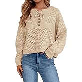 Saodimallsu Womens Crochet Button Sweaters Batwing Long Sleeve Henley Knit Shirts Drawstring Loose Trendy Sweater Tops