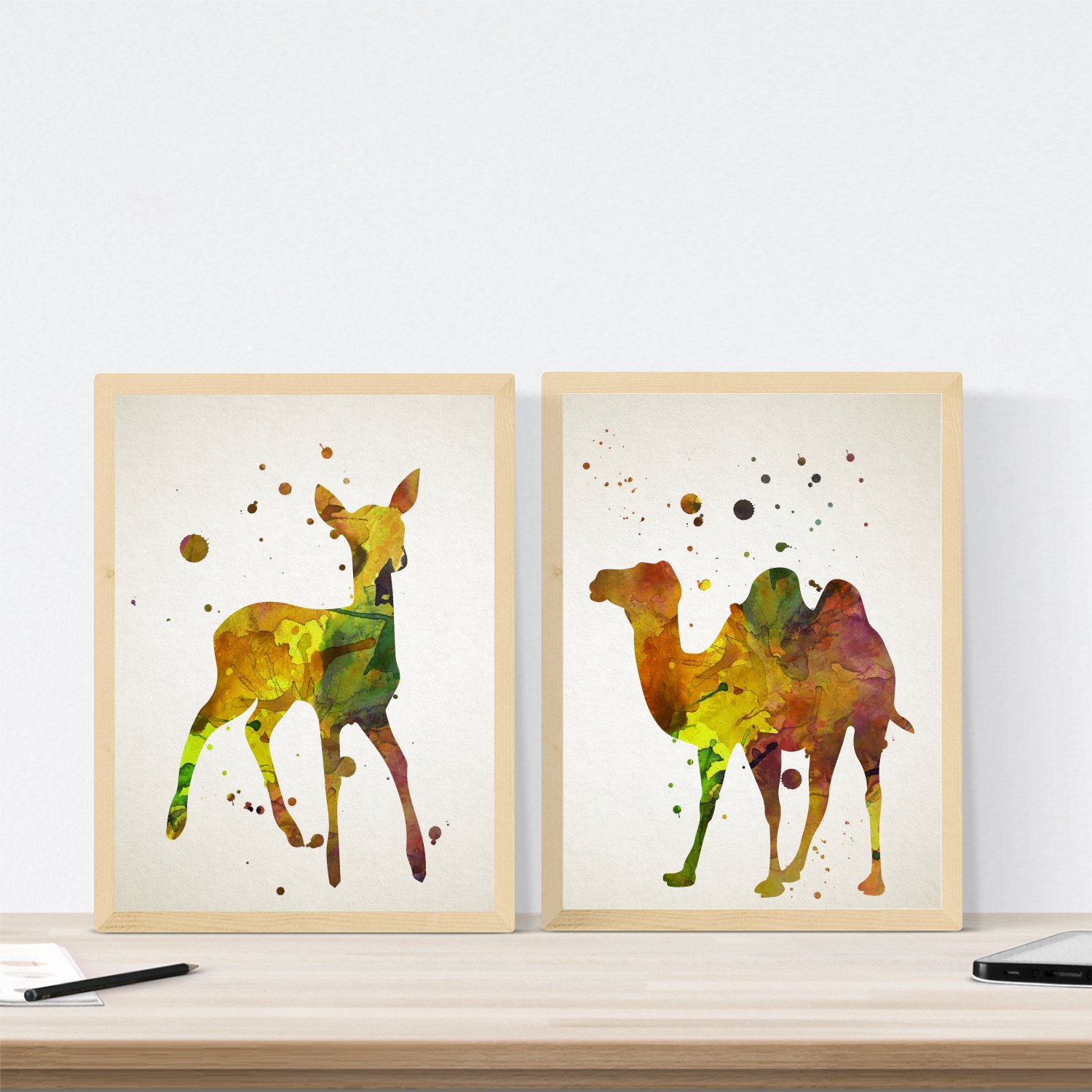 Nacnic Set of 2 'Deer and Camel' Watercolour Style Posters. Colourful Wall Decoration with Animal motifs. Beautifully designed posters for your home, shop, office... Size A3.