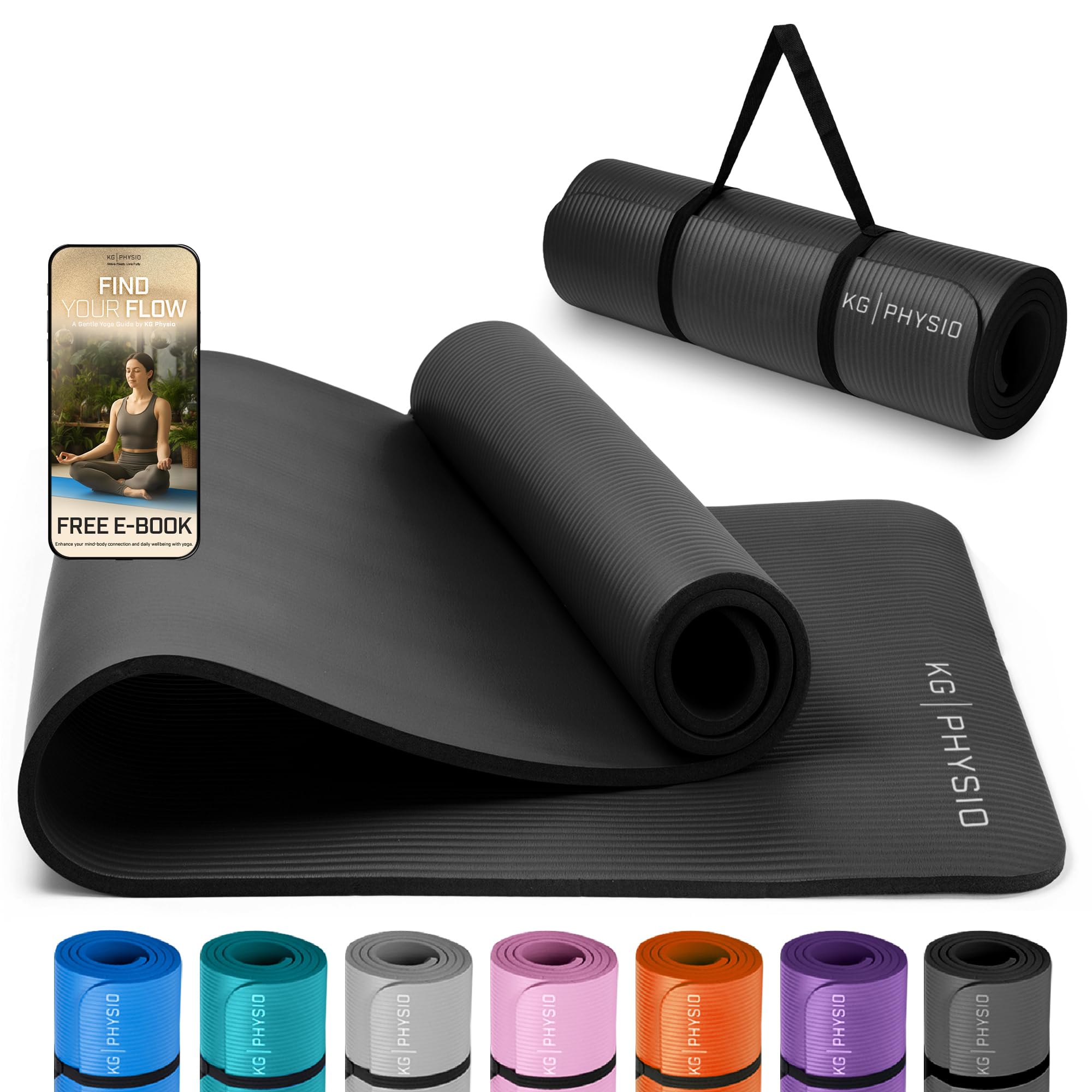 KG Physio Yoga Mat - Thick Yoga Mats for Women & Men, High-Density NBR Foam Excercise Mat, Non-Slip & Sweat-Resistant, Ideal for Pilates, Home Fitness and Home Workout - Strap Included