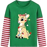 Toddler Girl Christmas T-Shirt Kid Xmas Ugly Reindeer Santa Claus Snowman Shirt Long Sleeve Strip Patchwork Cooton Tee Top