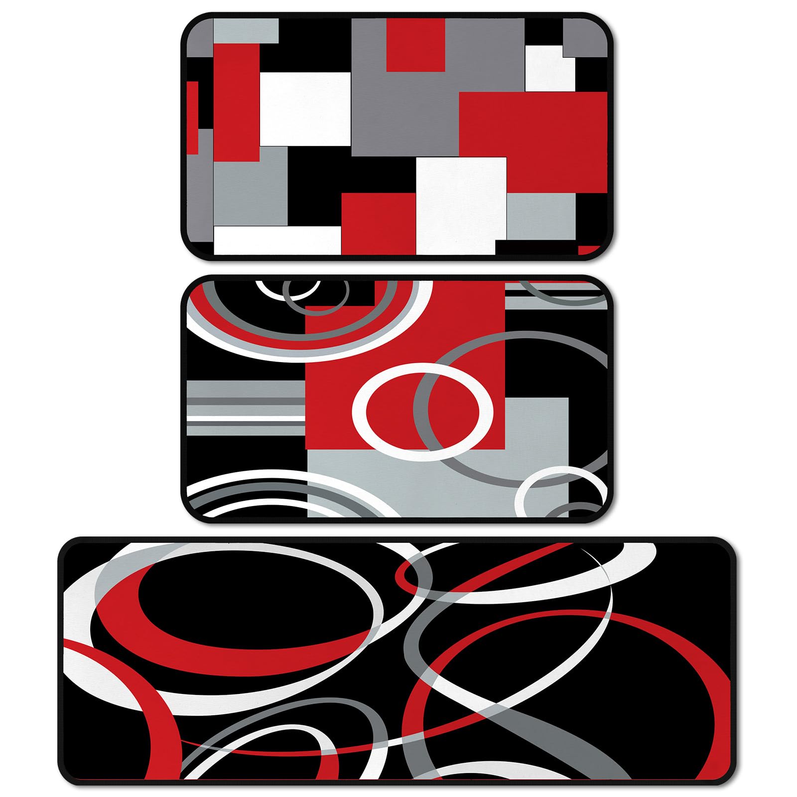 Photo 1 of Maasechs 3 Pcs Geometric Kitchen Rugs and Mats Set Red and Black Floor Mat Non Slip Washable Minimalist Runner Rug Modern Abstract Kitchen Decor for Home Bar Office Bathroom Door Decor
