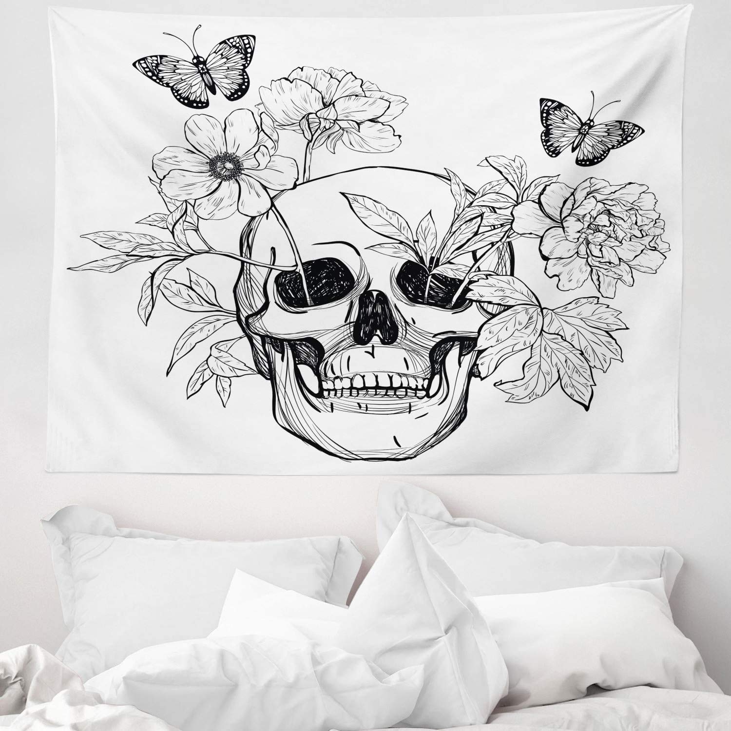 ABAKUHAUS Day Of The Dead Tapestry, Skull with Flower Blooms and Butterflies Vintage Gothic Design Print, Fabric Wall Hanging Decor for Bedroom Living Room Dorm, 58 W X 43 L, Black and White