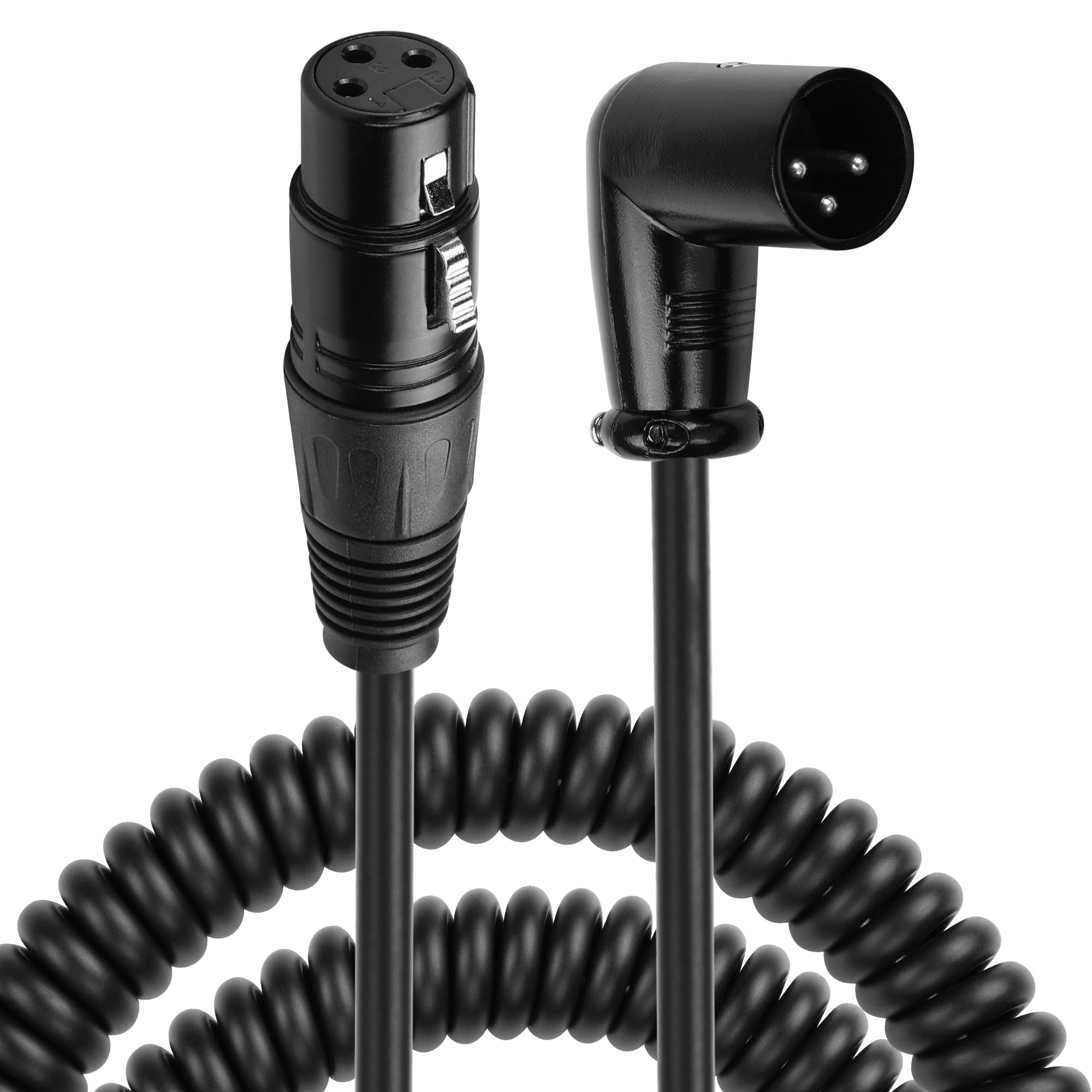 CERRXIAN XLR Microphone Coiled Cable, Right Angle Male XLR to Straight Female XLR Plug Cable, Balanced XLR Cable 8 Feet, Oxygen-Free Copper Mic Cables, XLR Speaker Cables - Black (L)