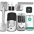 Keyless Entry Door Lock Deadbolt with Handle Set - SMONET Fingerprint WiFi Smart Deadbolt, Digital Remote Control Keypad Bluetooth Alexa Lockset with Auto Lock Code Fob App Silver