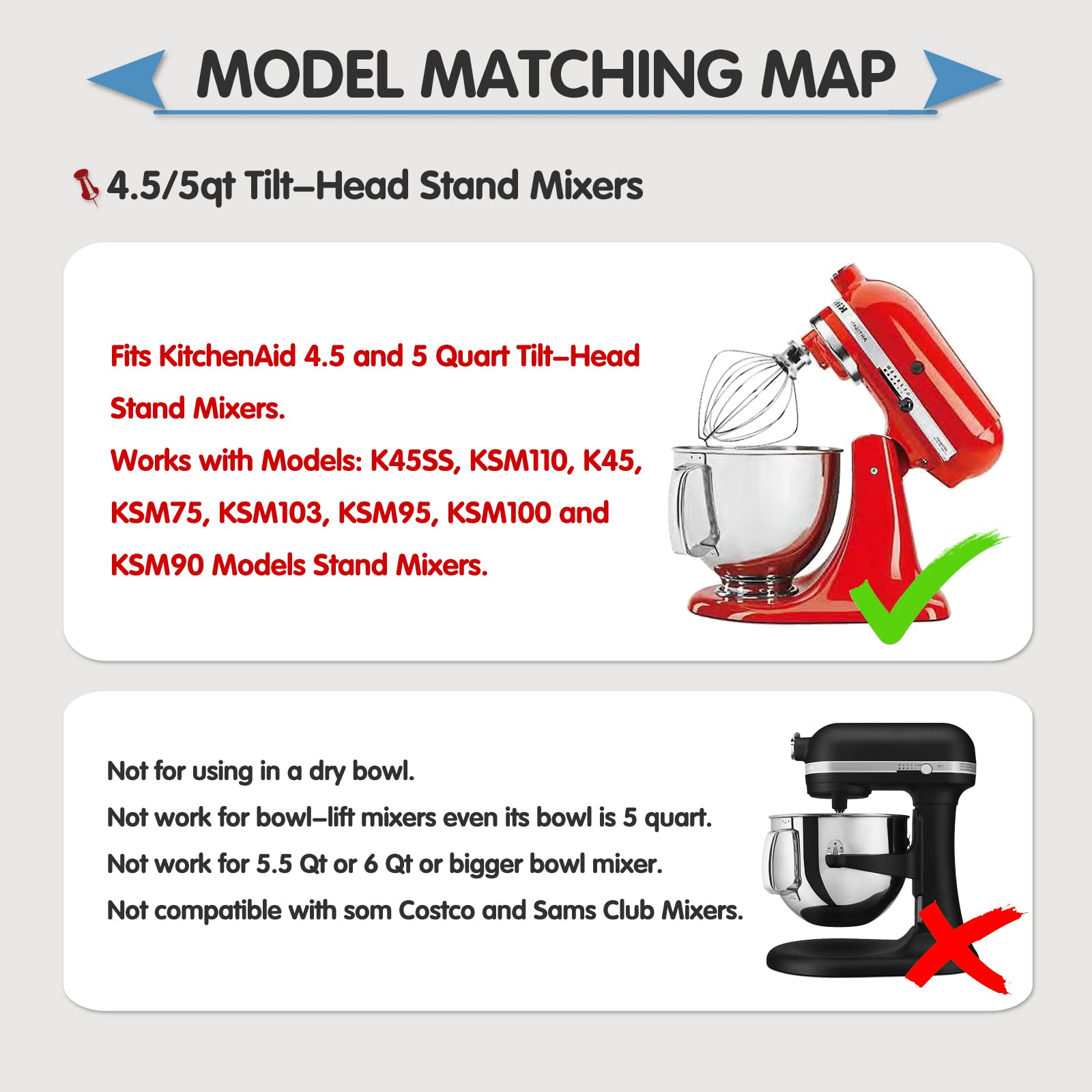 Stainless Steel 6-Wire Whip Attachment for KitchenAid 4.5 and 5 Quart Tilt-Head Stand Mixer, K45WW Whisk Attachment, Balloon Whisk, Heavy Duty, Dishwasher Safe