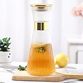 DUJUST Ribbed Glass Carafe with Golden Lid (44oz), Elegant Water Carafe with Gold Decoration, Crystal Glass Carafes, with Thickened Bottom, for Juice, Milk, Tea, Food-Grade Silicone, Leak-proof