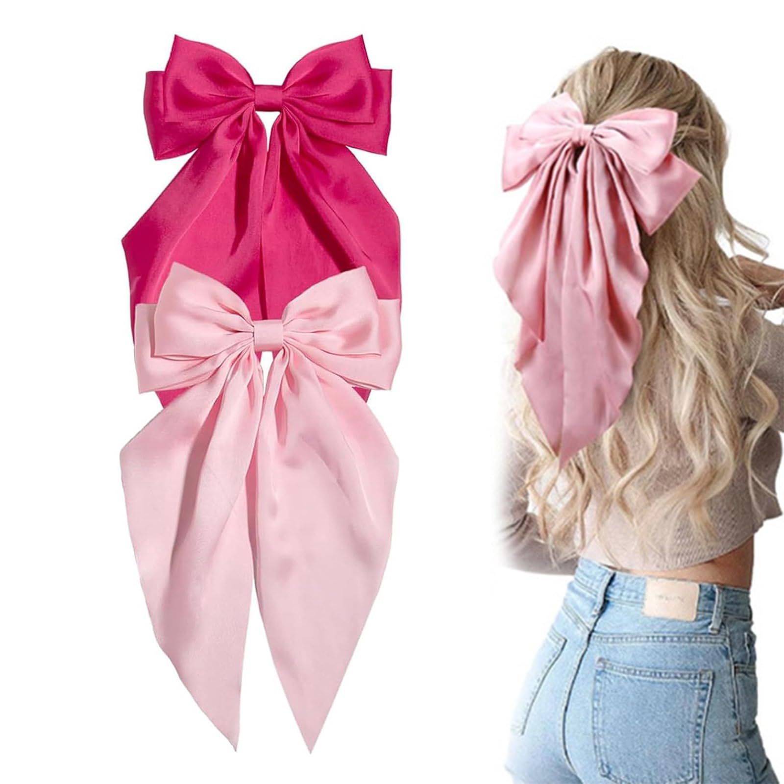 Pink Hair Bows - 2 Large Silk Satin Ribbon Bows for Girls & Women, Elegant Long Tail Hair Clip Accessories for Long Hair