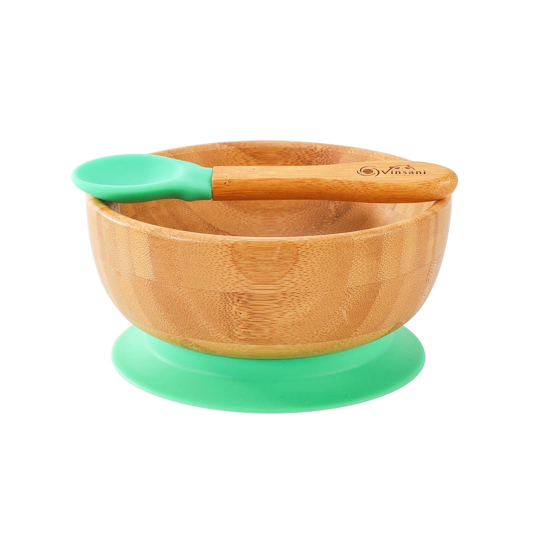 Vinsani Bamboo Bowl and Spoon Set for Baby/Toddler, Suction Plate, Stay-Put Design, Hypoallergenic and BPA-Free (Green)