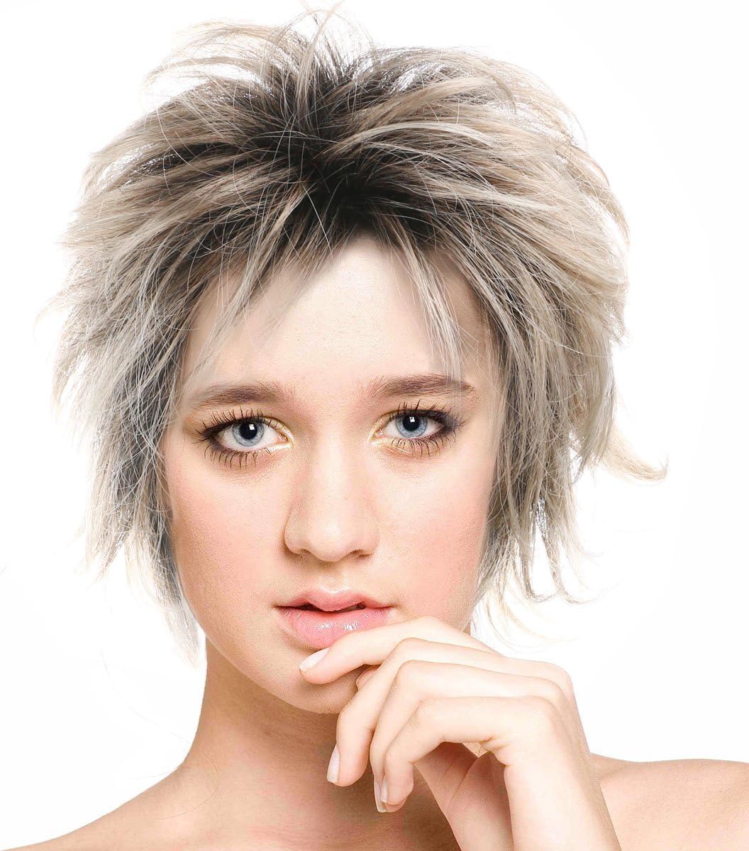 Ombre Women Wigs Blonde Dark Roots Short Wavy Synthetic Hair Full Wig with Bangs for Women