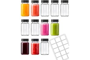 2 Oz Glass Juice Shot Bottles With Black Caps & 12 Labels, Reusable Small Wellness Ginger Shot Glass Bottles Jar With Lids Fo