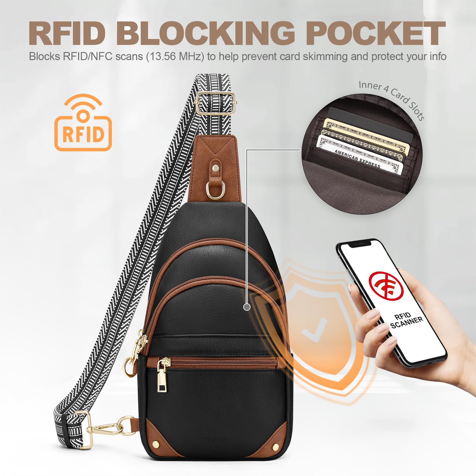 Anti Theft Crossbody Bags for Women, RFID Sling Bag Travel Purse, RFID Cross Body Purses Chest Bag for Travel Black Brown