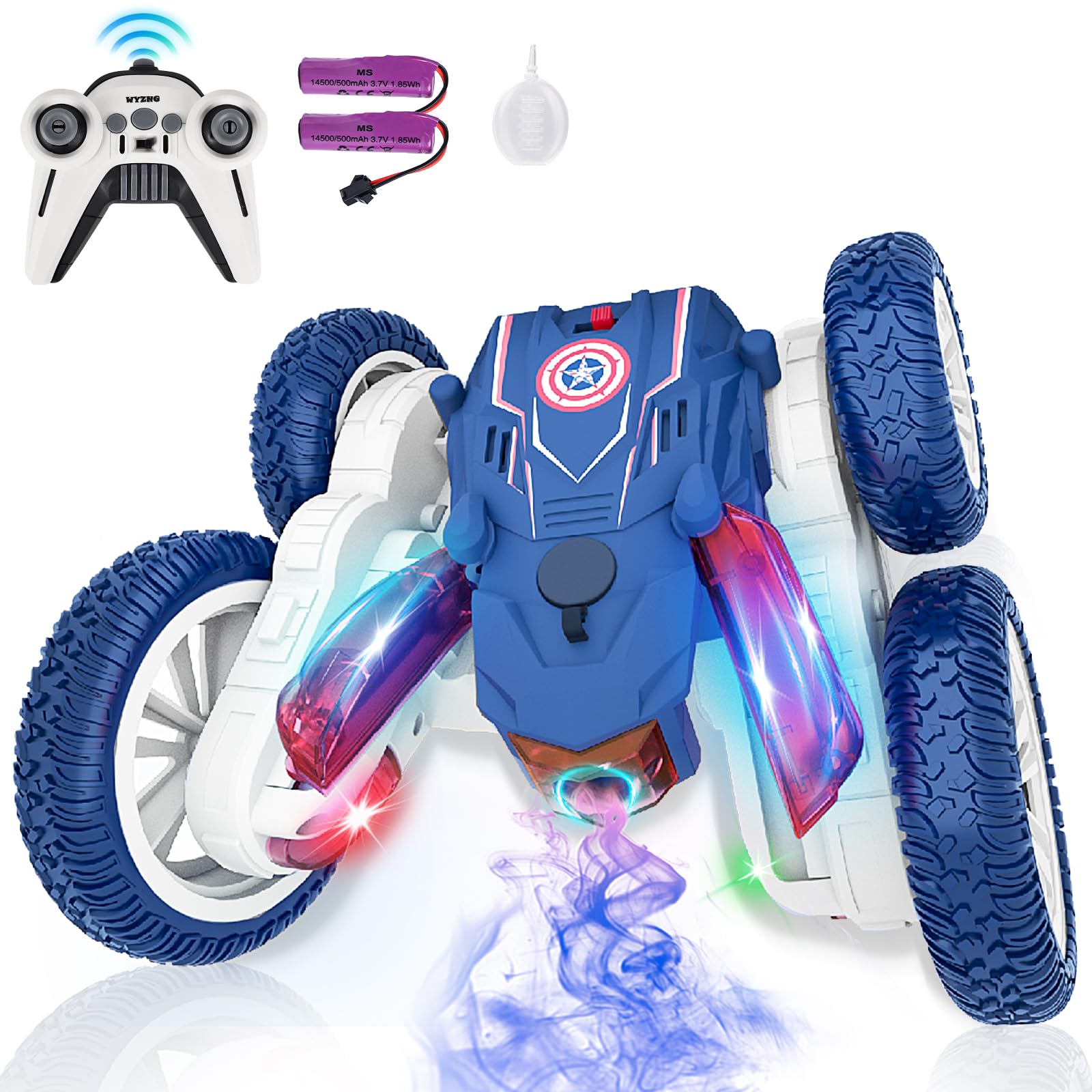 Photo 1 of Remote Control Car, RC Cars with Spray Effect & LED Words, Superhero Toys RC Stunt Cars for Boys 4-7 8-12, Rechargeable 4WD 360°Flip Double Sided Off-Road,Toys for Boys 4 5 6 7 8-12,Gift for Kids
