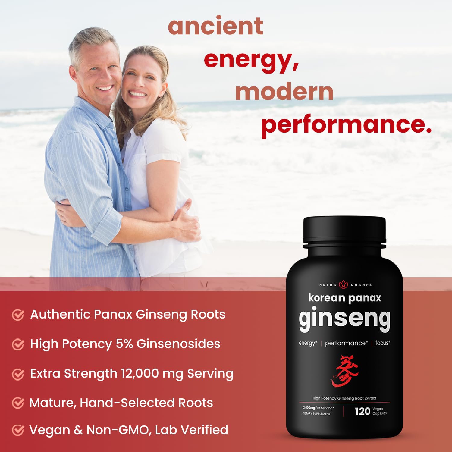 NutraChamps Korean Red Panax Ginseng Capsules | Extra Strength Ginsenosides for Energy, Focus, Performance, Vitality & Immune Support | Korean Ginseng Root Extract (120, Red)