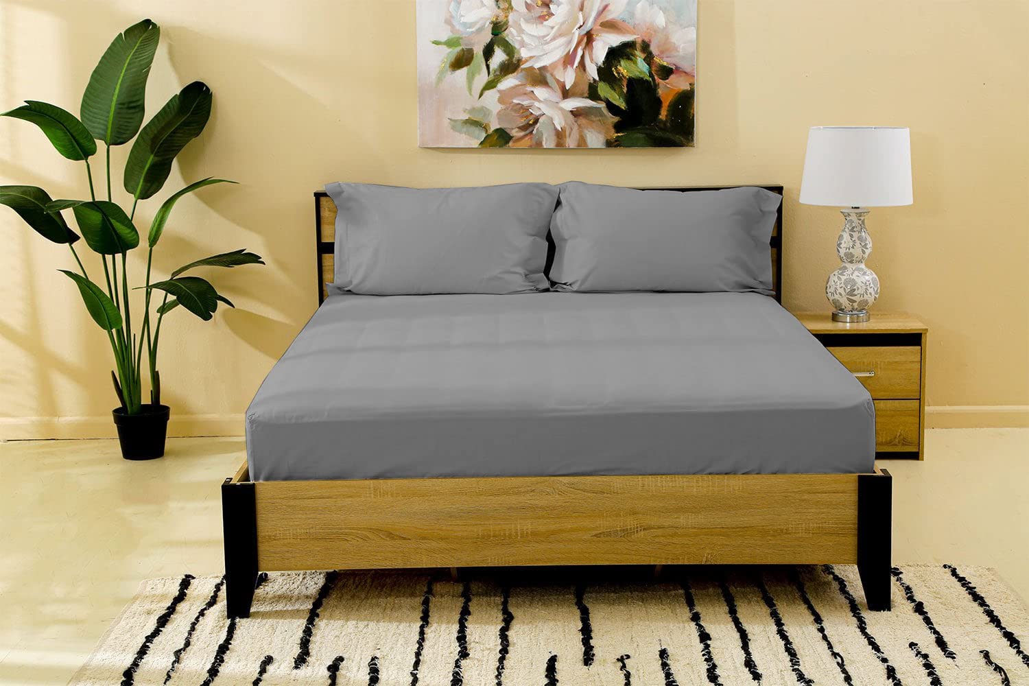 Seventhstitch 30cm Extra Deep Double Bed Fitted Sheet 100% Egyptian Cotton Bedsheet 600 Thread Count Fade Resistant Bottom Grey White Bed Sheets (Grey, Double) (MH123)