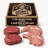 Grumpy Butcher Top Sirloin and Duroc Bone-in Pork Chops, 4 Pack, 2.5 lb | 2 Sirloin steaks 6 oz and 2 pork chops 14 oz, aged to perfection, frozen meat for delivery
