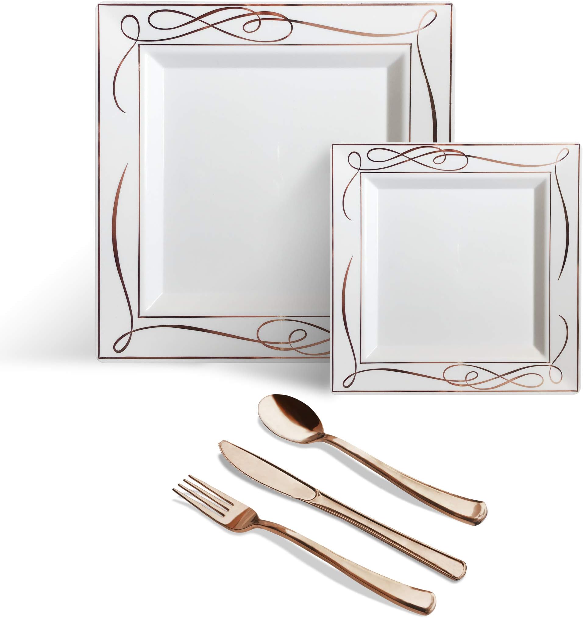 Helen’s 125 Piece Rose Gold Square Disposable Plastic Plates Cutlery Set|Silverware Premium Quality Wedding Party|Set Include: 25 Dinner Plates + 25 Dessert Plates + 25 Forks + 25 Spoons + 25 Knives