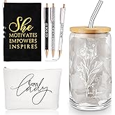 Funnymoom 6 Pcs Valentines Boss Gifts for Women Best Boss Gifts Appreciation, 17 oz Aesthetic Boho Flower Glass Cup Lady Makeup Bag A6 Notepad Ballpoint Pens for Female Leader Manager Valentines Favor