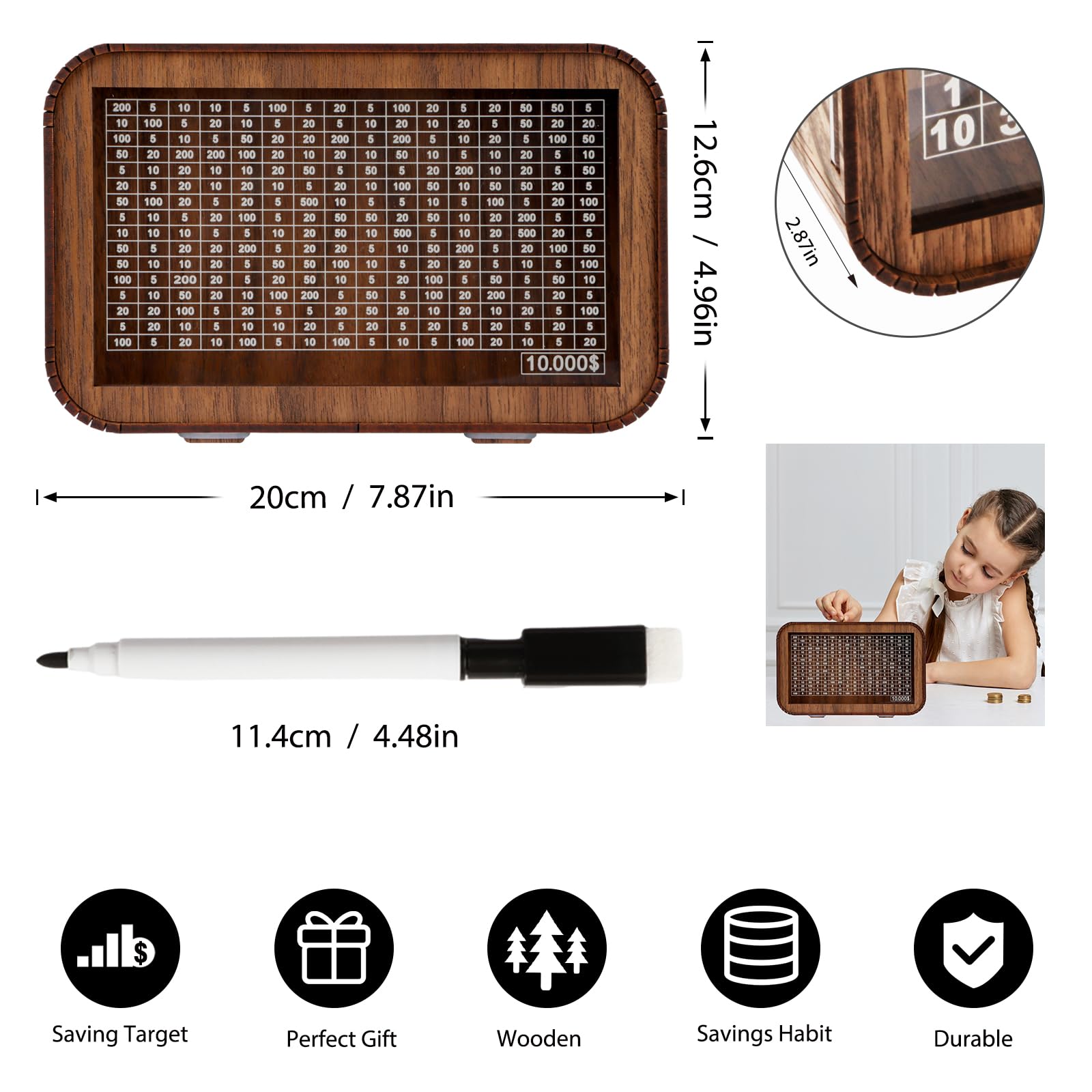 4-in-1 Piggy Bank for Adults Kids - Fully Assembled Wooden Money Saving Challenge Box(1000/3000/5000/10000) - Money Bank with Counter and Dry Erase Pen - Kakeibo Money Box for Cash Coin - BestGift