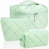 Sunnymove 3 Pcs Green Puffy Makeup Bag Set for Women Large Quilted Cosmetic Bag Travel Toiletry Pouch Cute Checkered Puffer Make up Organizer Purse for Travel Bathroom Preppy Pencil Case with Zipper