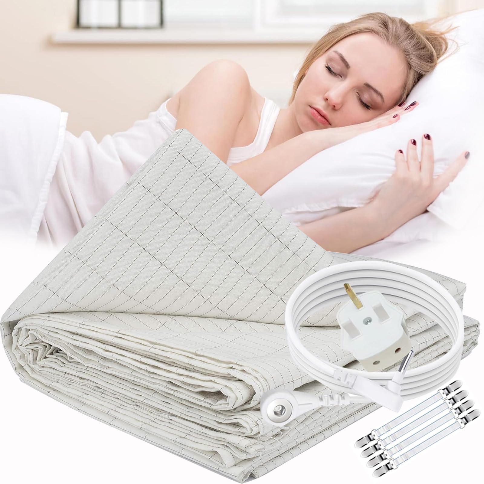 HUNAIGEE Silver Fiber Grounding Sheet Conductive Grounding Bed Sheet UK Soft Earthing Bed Sheets Mat Therapy for Better Sleep Reduce Stress Pain 68x132cm Beige