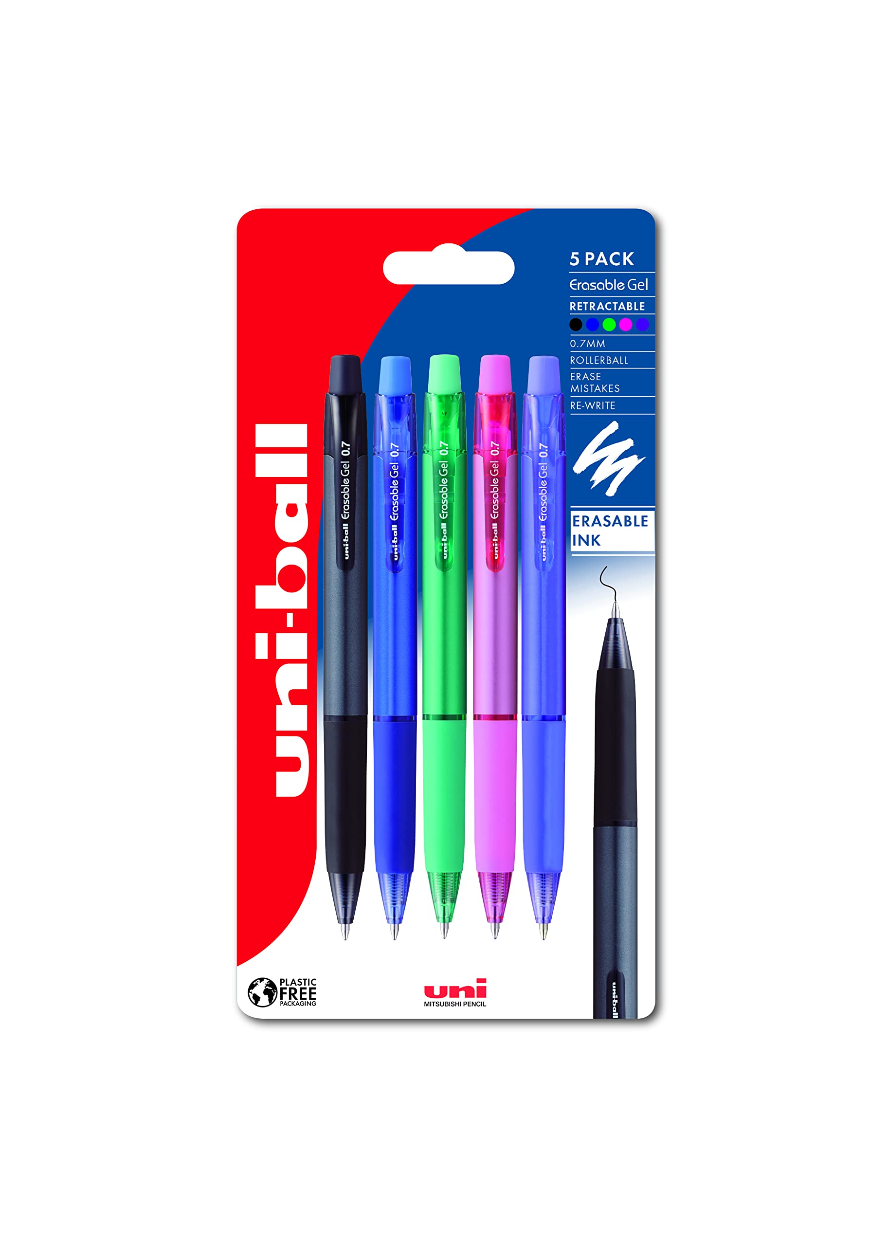 uni-ball URN-181-07 Erasable Rollerball Gel Pens. Premium 0.7mm Ballpoint Tip for Super Smooth Writing, Drawing & Colouring. Easy-Retract Eraser for Secure and Stable Rubbing Out Pack of 5 multicolour