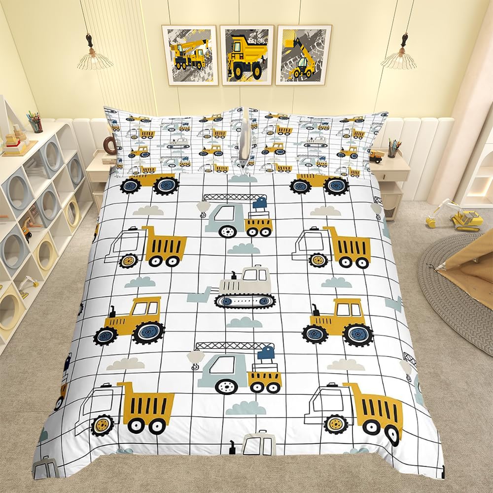 Loussiesd Kids Cute Cars Bedding Set Boys Cartoon Truck Tractor Cargo Duvet Cover Children Machinery Bulldozer Crane Comforter Cover Black White Grid Bedding & Linen Bright Quilt Cover Single Size