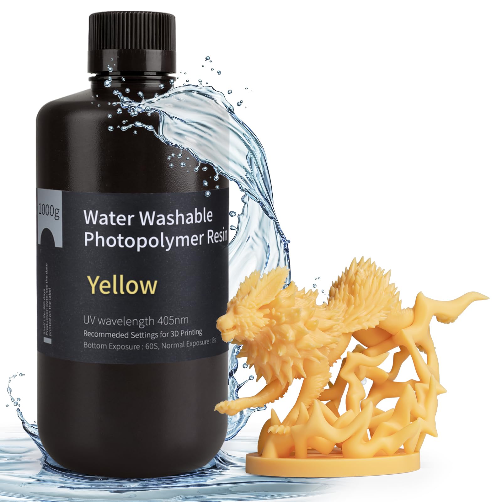 ELEGOO Water Washable 3D Printer Resin LCD UV-Curing Resin 405nm Standard Photopolymer Resin for LCD 3D Printing - Yellow 1000g — image 1