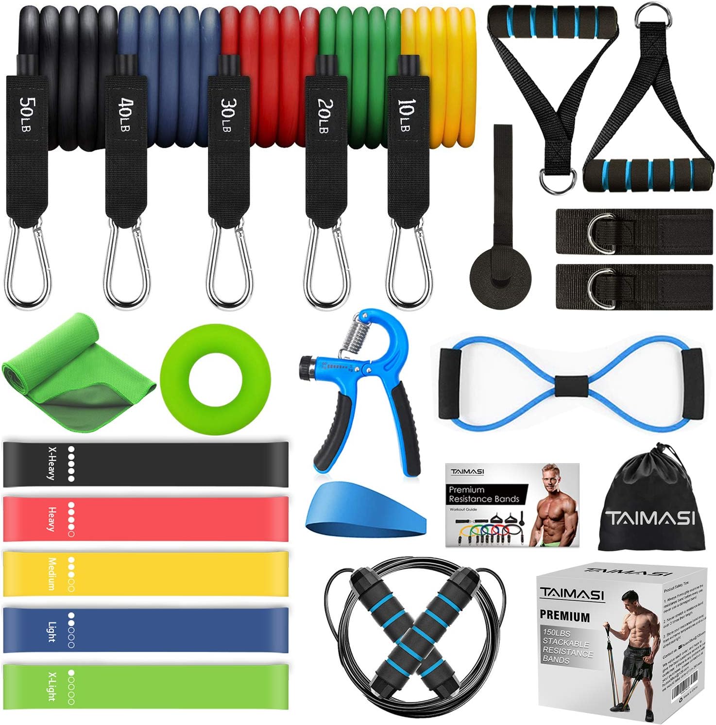23PCS Resistance Bands Set Workout Bands, 5 Stackable Exercise Bands with Handles, 5 Resistance Loop Bands, Jump Rope, Figure 8 Resistance Band, Hand Grip Strengthener, Headband, Cooling Towel