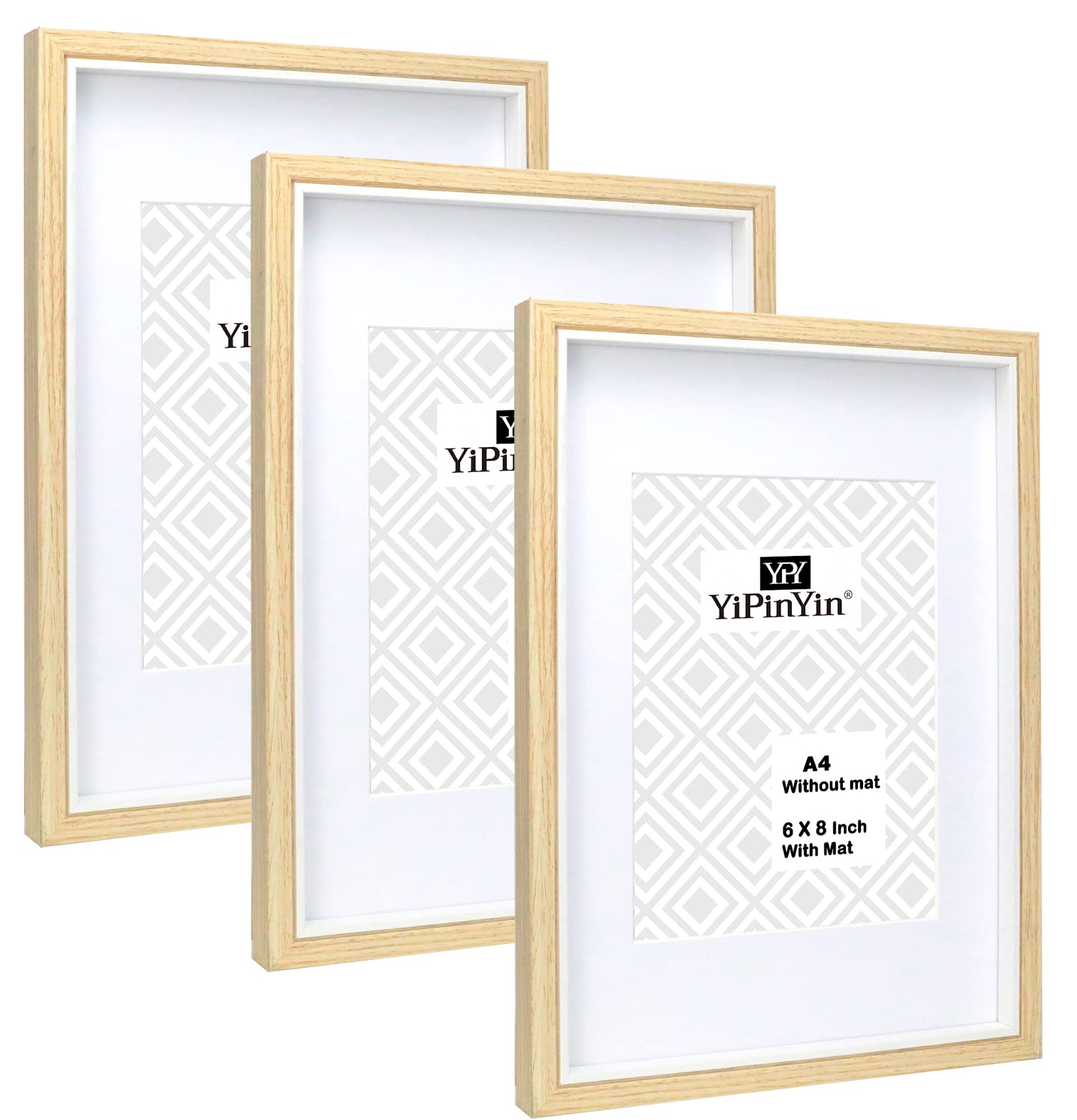 A4 Wood & White Two Tone Photo Frames With Mount for A5 (6 x 8'') set of 3, Stylish A5 Wood Boxed Inlay Frame 3Pack, A4 Photo frames with mount for 6 x 8'' frame for Tabletop and Wall hanging.