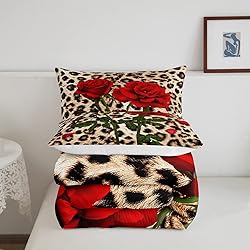 Leopard Comforter Set Red Rose Printed Quilted