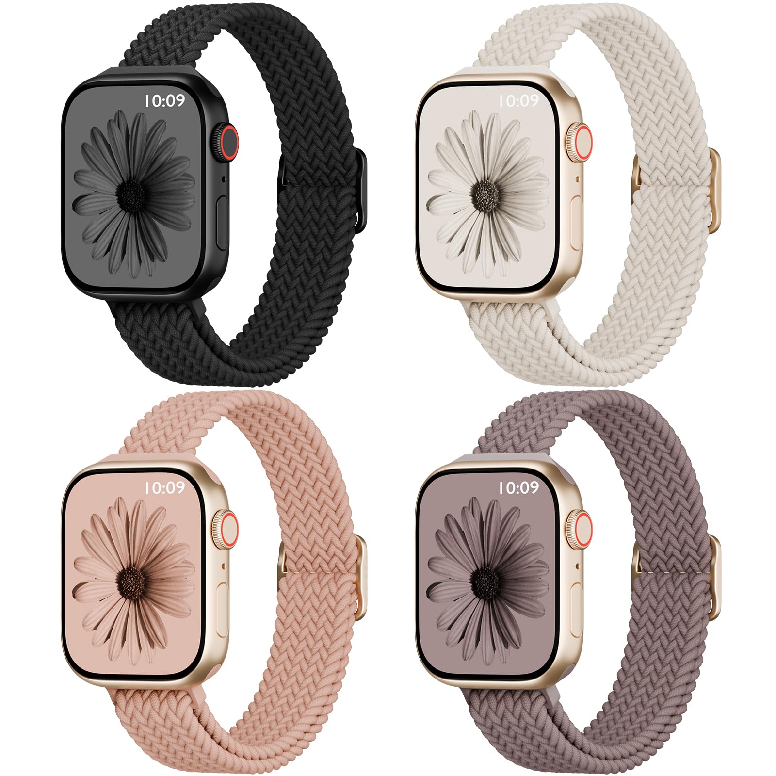 Photo 1 of 4 Pack Slim Braided Stretchy Bands Compatible with Apple Watch Band 38mm 42mm 40mm 44mm 41mm 45mm 46mm 49mm Women Men, Solo Loop Nylon Thin Strap for iWatch Series 10 9 8 7 SE 6 5 4 3 2 1 Ultra
