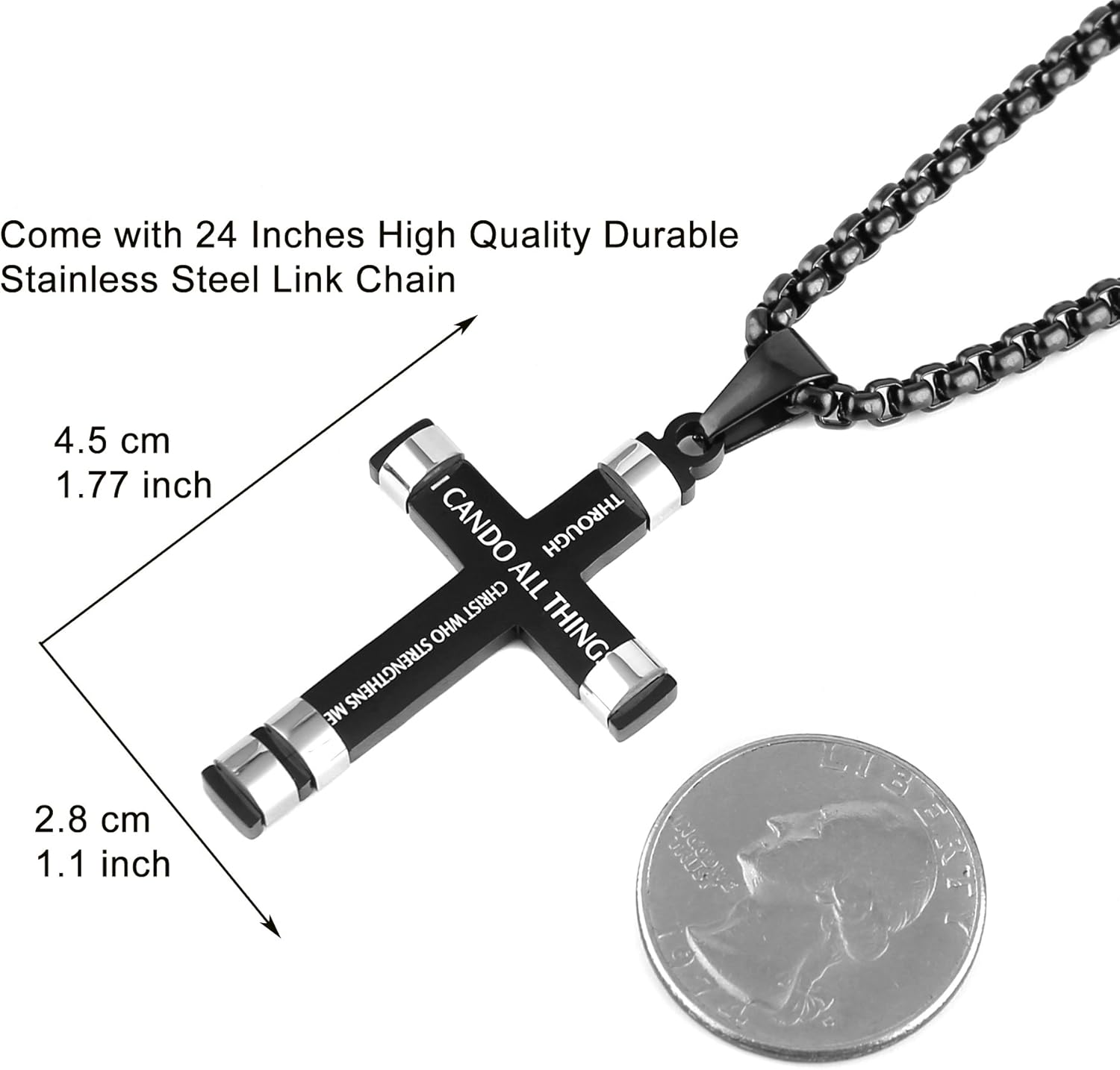 HZMAN Philippians 4:13 Cross Pendant STRENGTH Bible Verse Stainless Steel Necklace 3 Colors Available (Black) | 
