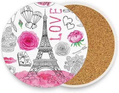 Amazon Akiraki コースター 吸水 滑り止め 速乾 2枚セット 茶托 茶パット おしゃれ 耐熱 円型 パリ エッフェル塔 花柄 可愛い かわいい エコ素材 茶托コースター お茶 コーヒー 飲食店 オフィス 喫茶店 コースター オンライン通販