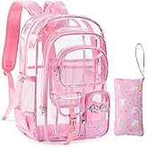 Unineovo Clear Backpack, 17 inch Large Clear Bookbag with Cute Pin Accessories, Double Layer Heavy Duty See Through Backpack for School College Work Stadium Travel