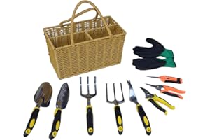 Gardening tool set, equipped with rattan storage basket, 5 aluminum alloy hand tools and 3 stainless steel scissors, it is a 