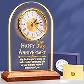 OkiyiD 50th Anniversary Wedding Gift, Anniversary Quartz Clock, Desk Table Clock, 50 Years of Marriage, Golden Wedding for Couple, Parents, Grandparents (Wooden Base with LED Light)