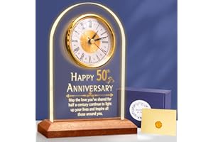 OkiyiD 50th Anniversary Wedding Gift, Anniversary Quartz Clock, Desk Table Clock, 50 Years of Marriage, Golden Wedding for Couple, Parents, Grandparents (Wooden Base with LED Light)