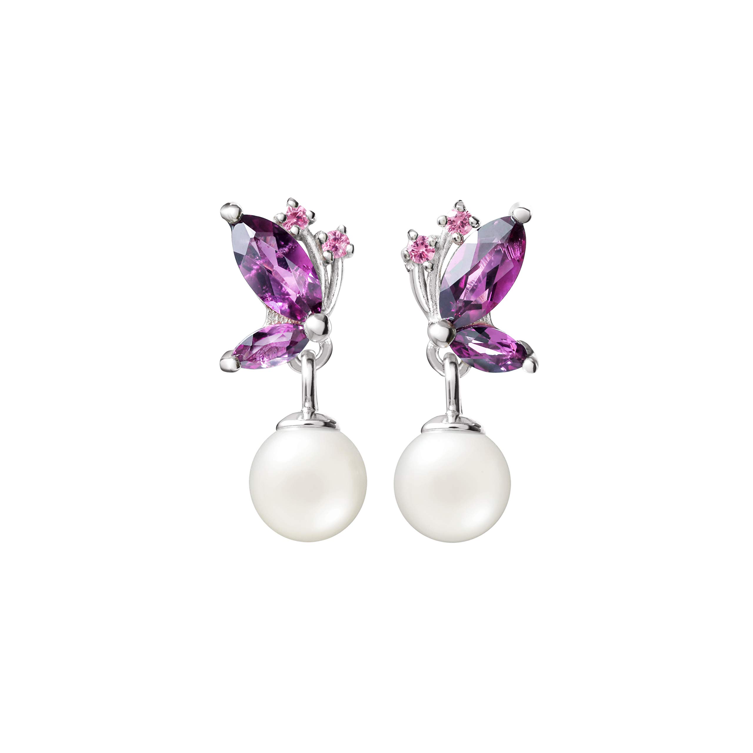 Franki Baker Sterling Silver Dainty Natural Garnet Gemstone & White Pearl Butterfly Stud Earrings. Length: 1.6cm