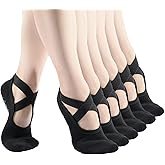 Pauboland Women's 6-Pack Black Padded Cushion Non-Slip Piyo Barre Pilate Ballet Yoga Socks with Grips, Size 4-9