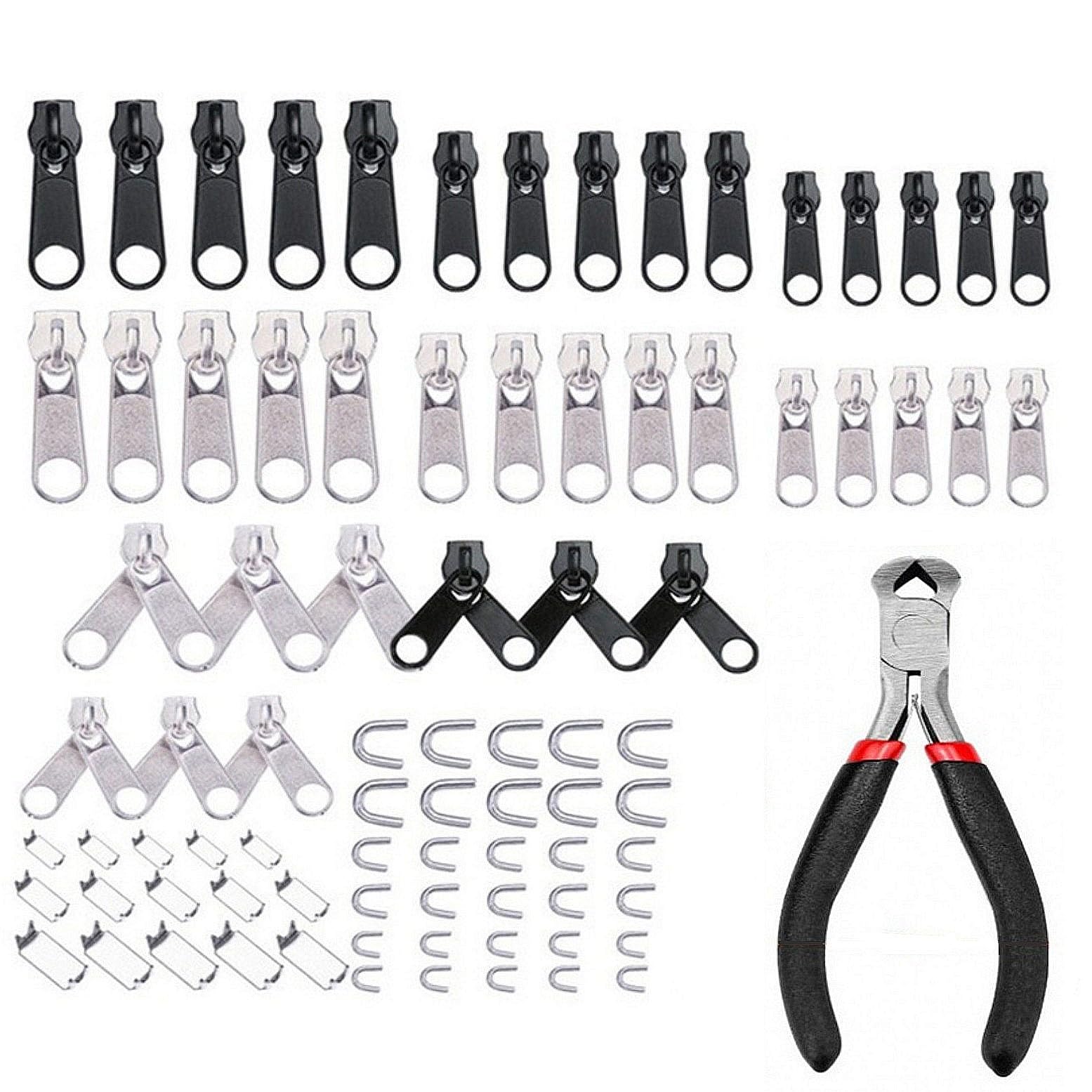 JZK 85PCS 3 Sizes 3 5 8, Zip Repair Kit, Zipper Slider Replacement Accessories, Universal Zipper Pull Accessories with Zipper Pliers for Repair Jeans Coats Jacket Zipper