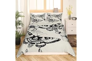 Feelyou Gothic Skull Bedding Set Decorative Death Moth and Flowers Comforter Cover Queen Personalized Skeleton Bones Duvet Cover for Youth Adult Teens Boys Women Black Cream Soft Zipper Novelty