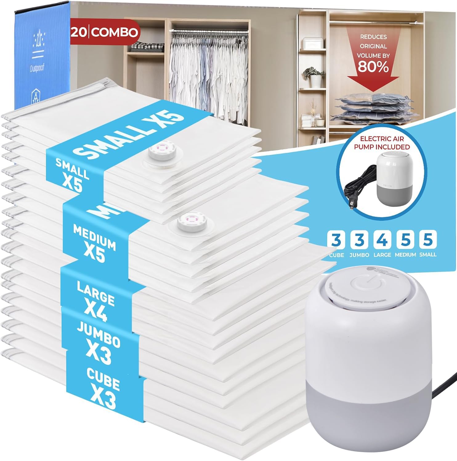 View 1 of 20 Pack Vacuum Storage Bags with Electric Air Pump, Vacuum Sealed Storage Bags (3Cube/3Jumbo/4Large/5Medium/5Small), Space Saver Bag for Clothes, Blanket, Duvets, Pillows, Mattress,Comforters, Travel