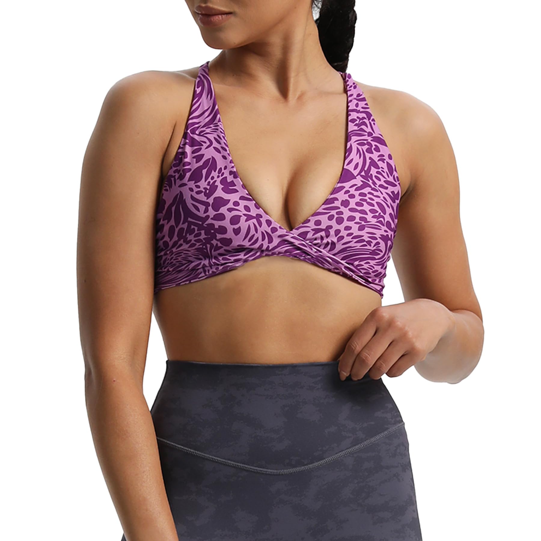 Aoxjox Women's Workout Sports Bras Fitness Sienna Low Impact Bra Yoga Crop Tank (Purple Leaf Print, XX-Large) Image