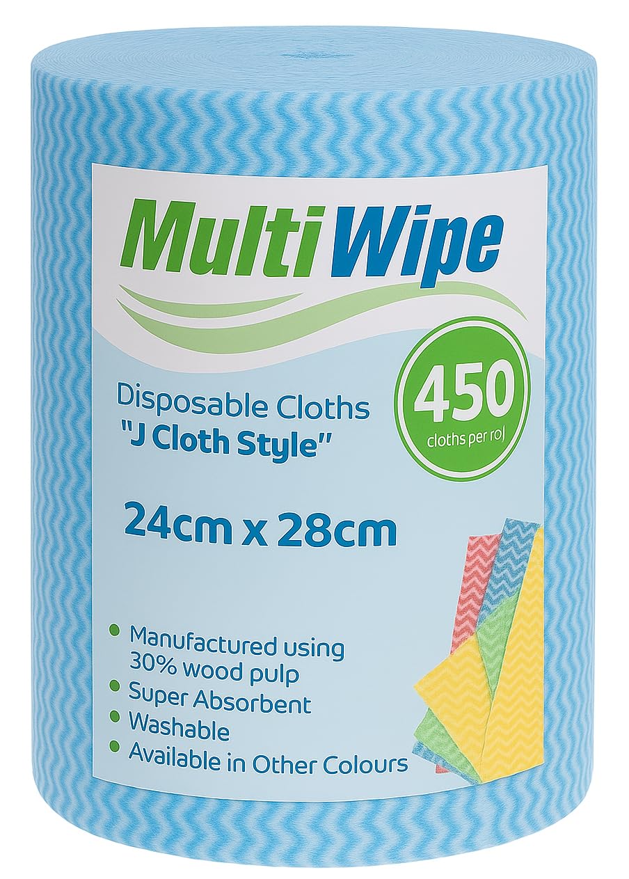 MultiWipe 1 x 450 Blue J Cloth Style Cleaning Cloths On A Roll | Made With 30% Wood Pulp | 24cm x 28cm Perforated Cloths | £0.059p per cloth — image 1