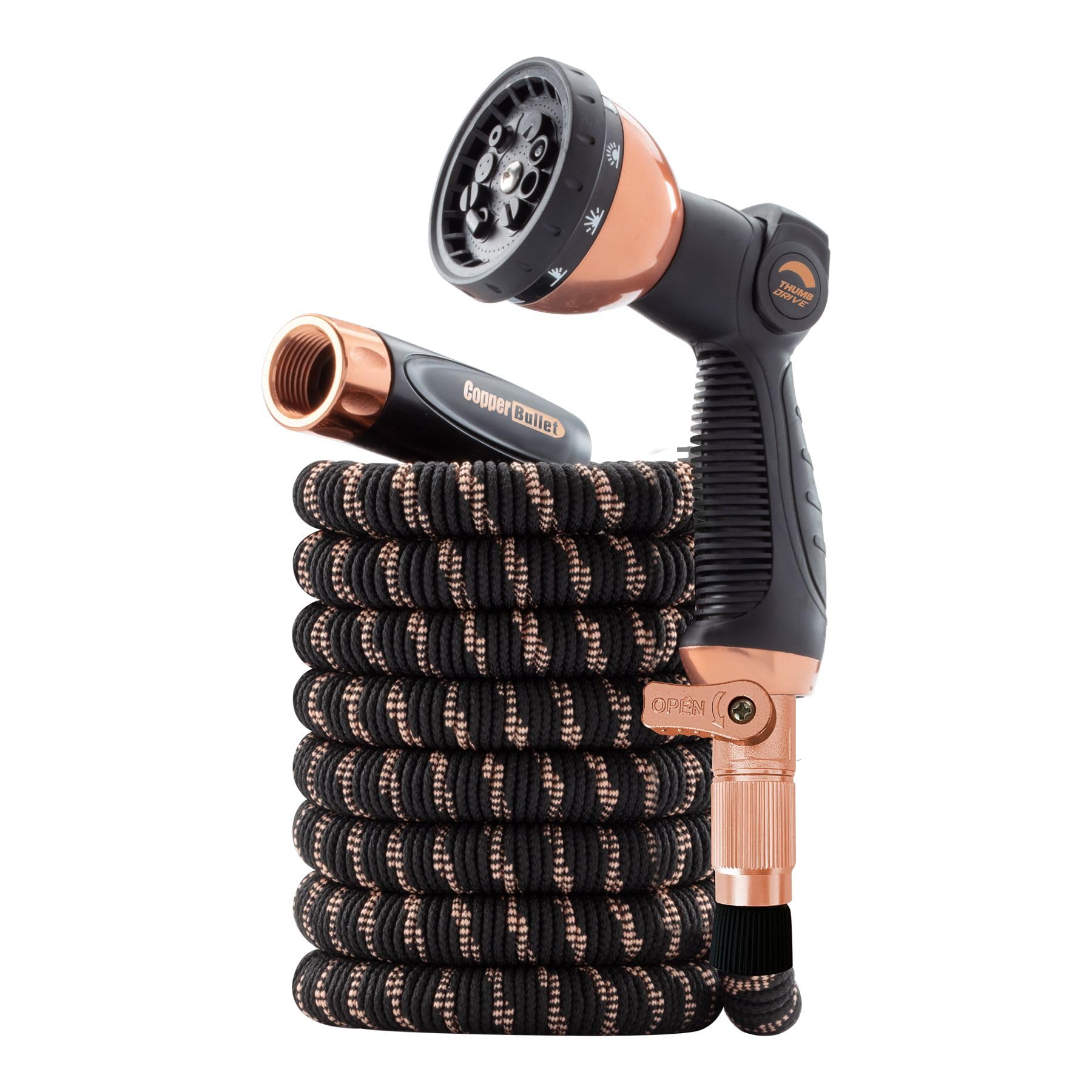 Photo 1 of Pocket Hose 50 FT Copper Bullet Expandable Hose w/Thumb Spray Nozzle, AS SEEN ON TV, 650psi 3/4in Solid Copper Anodized Aluminum Fittings Lead-Free Lightweight No-Kink Garden Hose