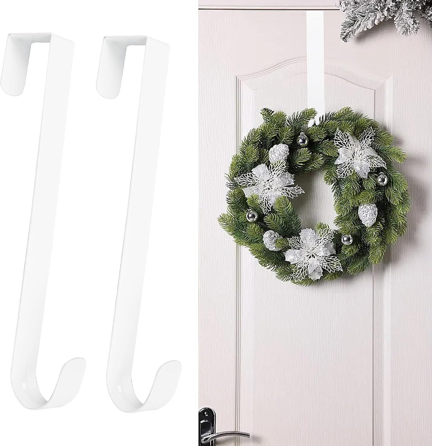 Wreath Hangers - White Wreath Hangers for Front Door, Non Scratch Door Wreath Hanger, 2Pack Door Hanger Hook, 12 Inch Door Hooks for Hanging, Over Door Hangers Hooks, Christmas Door Hanger, Wreath Hooks for Front Door