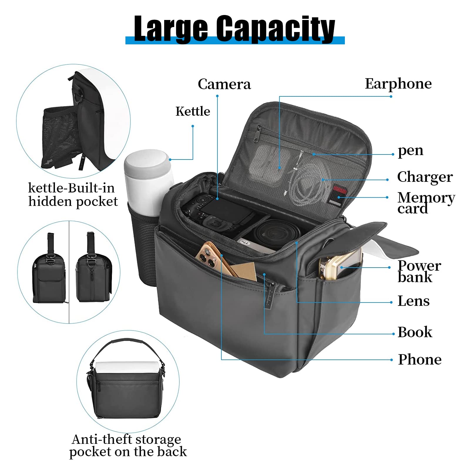 Cwatcun Camera Shoulder Bag, Waterproof Crossbody Case, Compact Photography Backpack, Compatible with Canon/Nikon/Sony/Fuji DSLR/SLR/Mirrorless Camera, Lens and Accessories, White