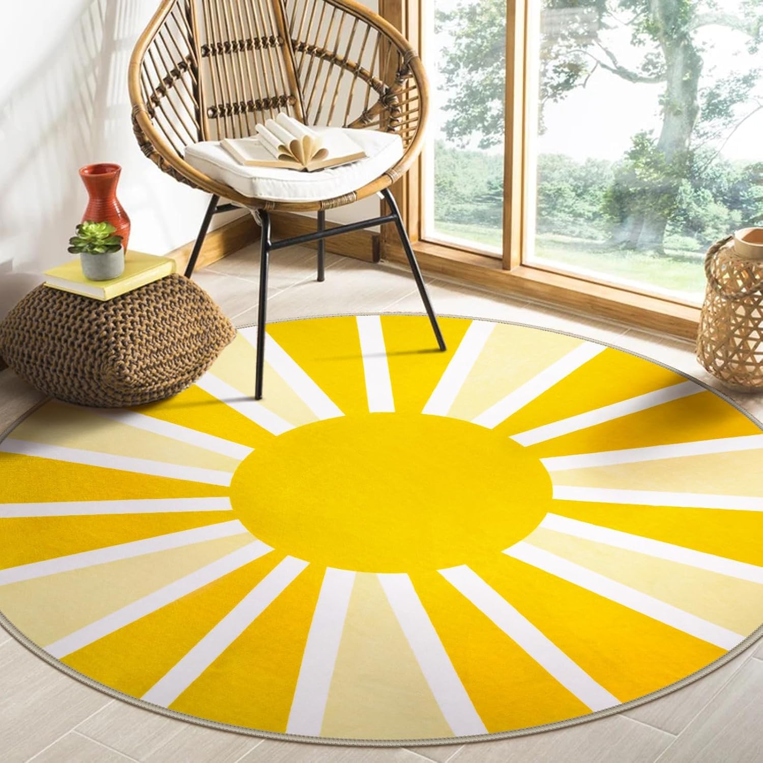 Lahome Yellow Rainbow Sun Round Rug: 3ft Washable & Non-Slip Low Pile ...