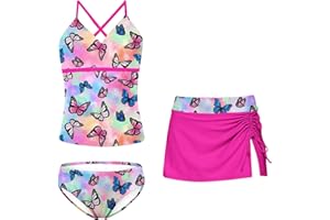 Kimoda Girls Swimsuits 3 Piece Tankini Bathing Suit Set Bikini Swimwear with Cover Ups Beach Skirt 6-12 Years